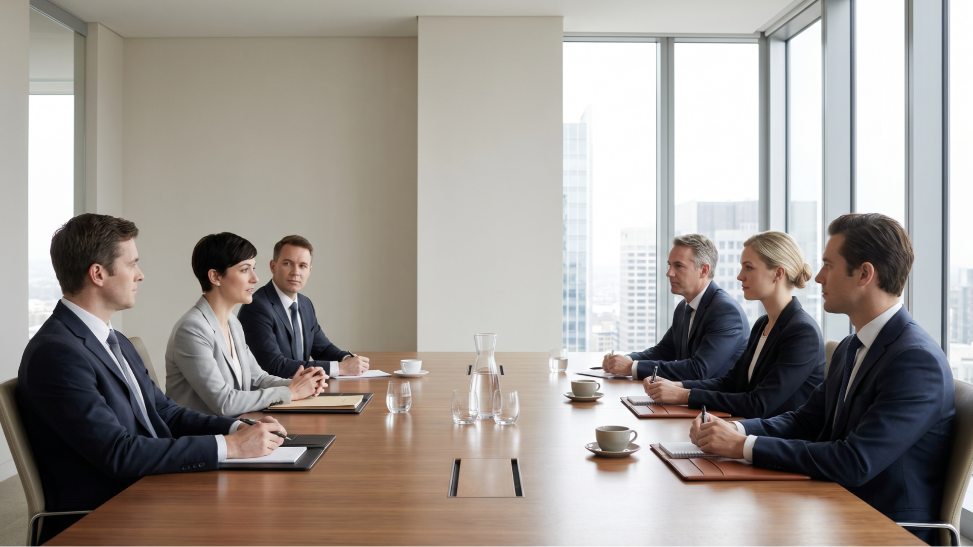 Two negotiating teams facing each other across a boardroom table at the start of a commercial negotiation