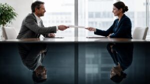 Two business professionals exchanging a document across a conference table in a formal workplace setting