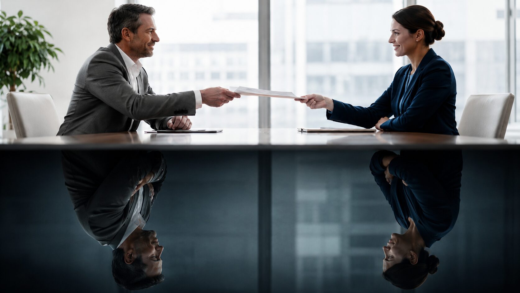 Two business professionals exchanging a document across a conference table in a formal workplace setting
