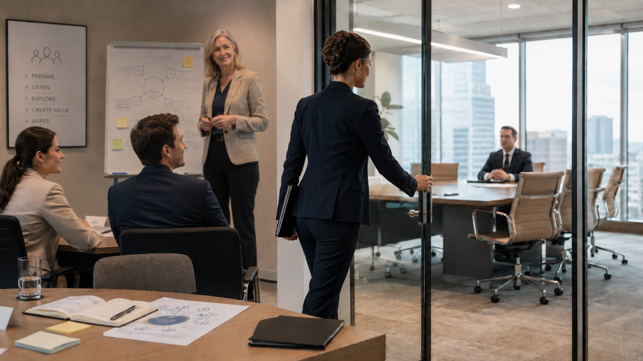 L&D facilitator leading a negotiation training session in a corporate boardroom setting