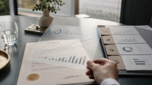 Business professional reviewing a signed contract alongside market data and performance charts