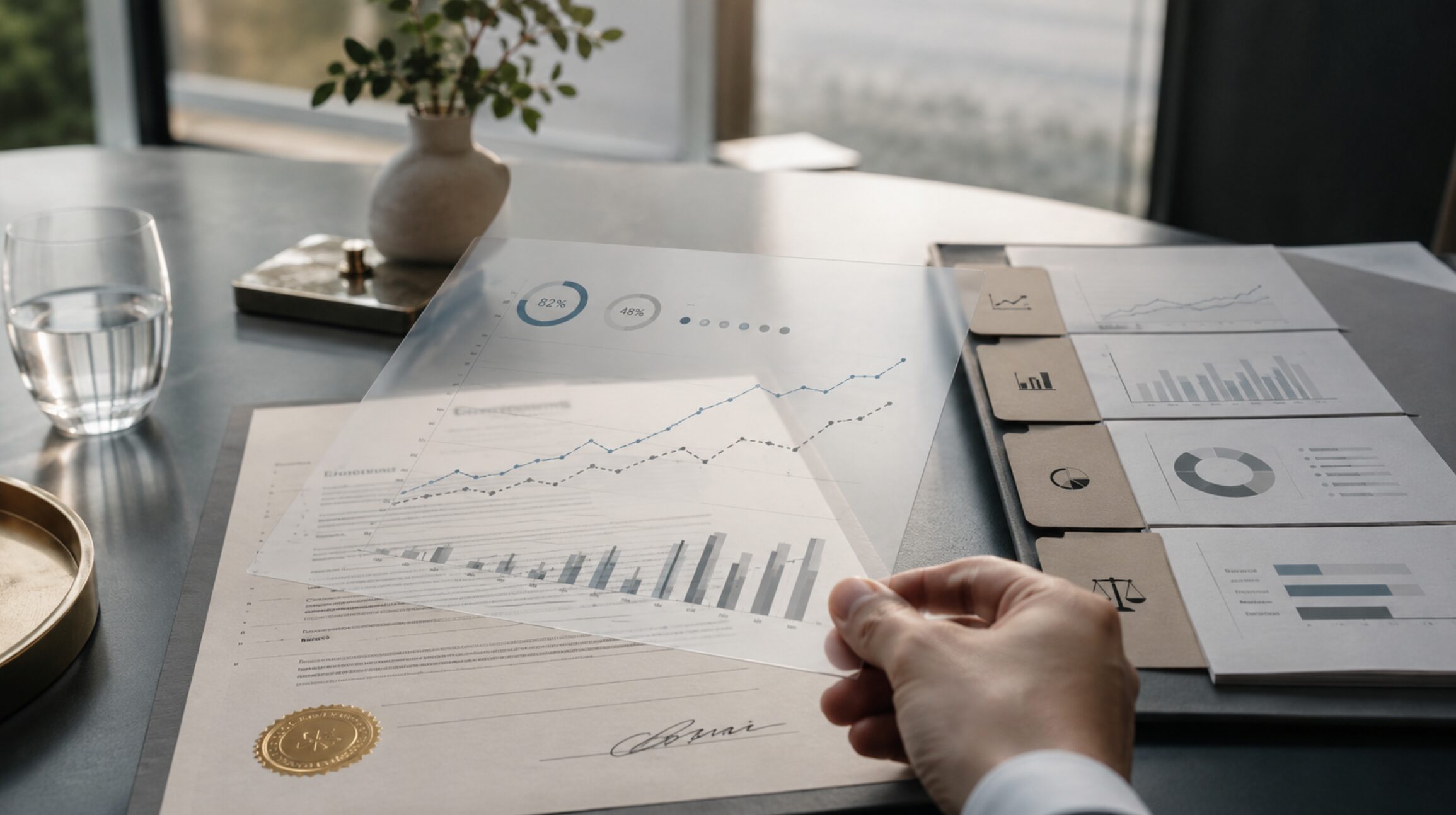 Business professional reviewing a signed contract alongside market data and performance charts