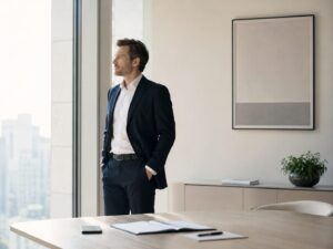 Business professional standing alone by an office window, looking out over the city after a negotiation has gone quiet