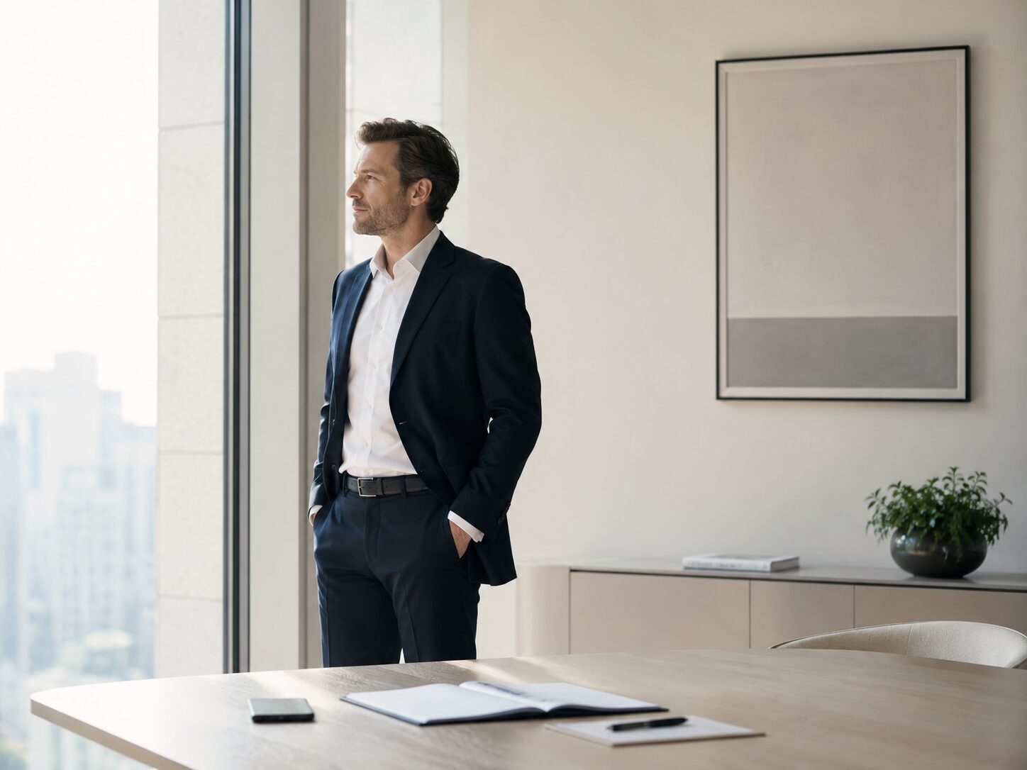 Business professional standing alone by an office window, looking out over the city after a negotiation has gone quiet