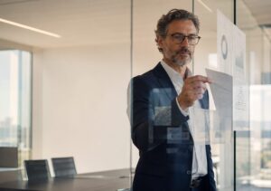 Founder reviewing business data on a glass wall in a corporate boardroom
