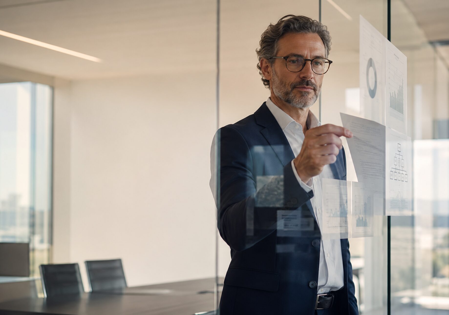 Founder reviewing business data on a glass wall in a corporate boardroom